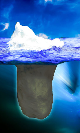 The Iceberg model, which likens human communication to iceberg ice cubes with a visible outflow of water. The ratio is very small compared to the underwater part.の写真素材