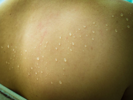 Water droplets on the back of a white woman after a shower.
