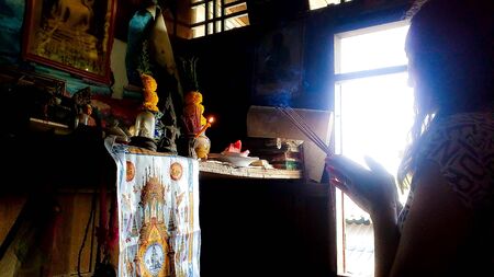 Women are paying homage to the holy blessings on New Year's Day.Abstract image backlightの写真素材