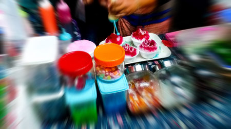 Dessert of Asia. The Asian people eat ice in summer to enjoy fresh hot. Abstract blur.