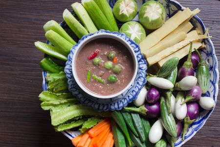 Thai shrimp paste (Nam prik kapi) Thai food with fresh vegetables / Selective focusの写真素材