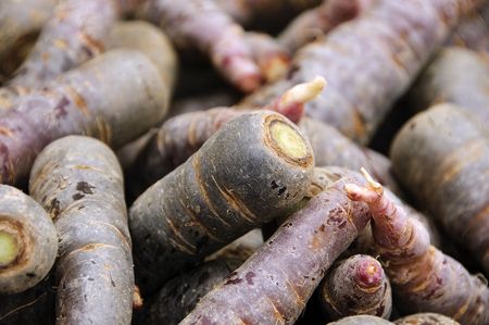 close up of a pile of purple carrotsの写真素材