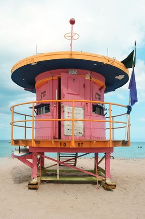 colorfull lifeguard tower in miami beach, floridaの写真素材