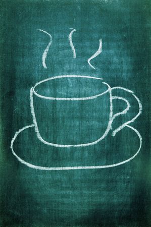 a cup of coffee drawn with a chalk on a blackboardの写真素材