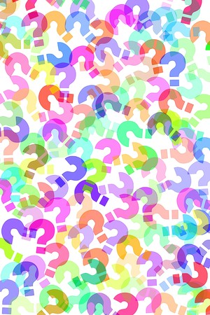 question marks of different colors drawn on a white backgroundの写真素材