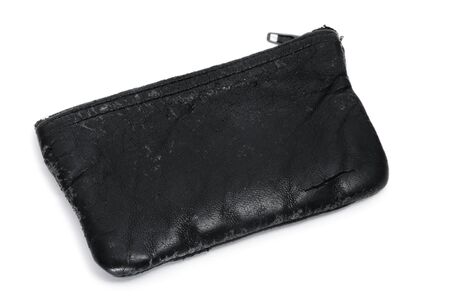 a black leather coin purse isolated on a white backgroundの写真素材