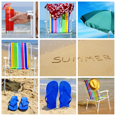 a collage of nine pictures of many beach items and scenesの写真素材