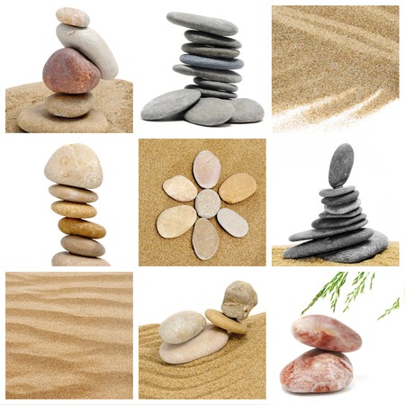 a collage of nine pictures of zen stones and zen gardenの写真素材