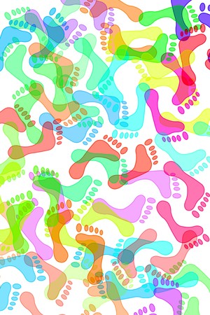 footprints of different colors drawn on a white backgroundの写真素材