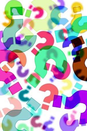 question marks of different colors drawn on a white backgroundの写真素材