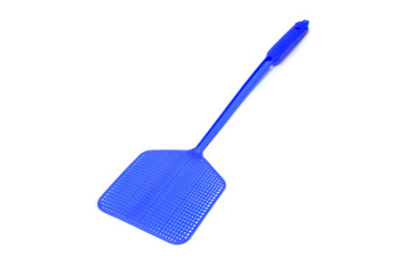 a blue flyswatter isolated on a white backgroundの写真素材
