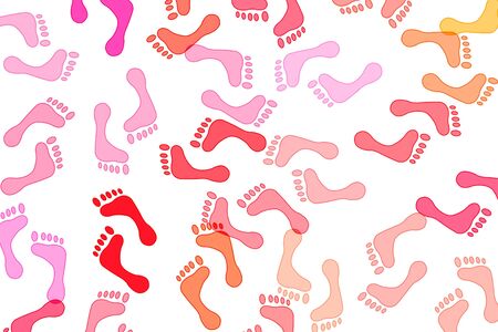 footprints of different colors drawn on a white backgroundの写真素材
