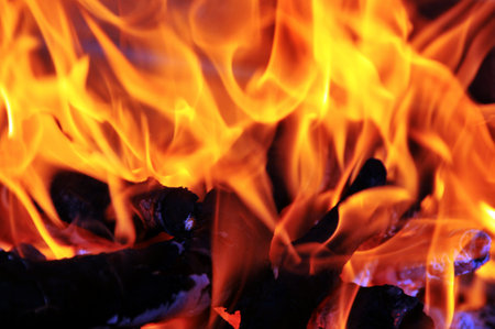 closeup of red fire flames of a fireplace