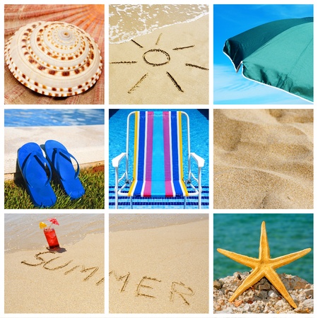 a collage of nine pictures of many beach items and scenesの写真素材