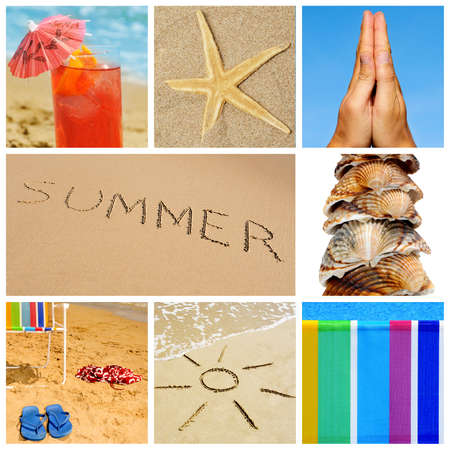a collage of nine pictures of many beach items and scenesの写真素材