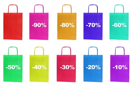 paper bag with the percent off written in it isolated on a white backgroundの写真素材