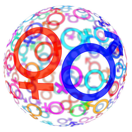 male an female symbols of different colors drawn in a sphere on a white backgroundの写真素材