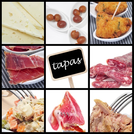 a collage of nine pictures of different spanish tapasの写真素材