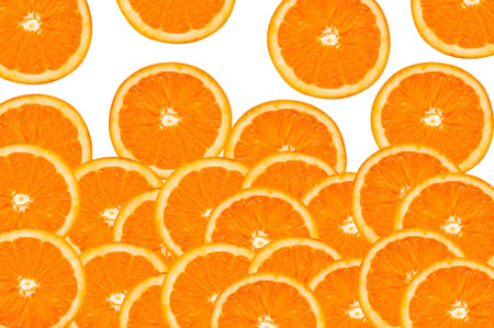 a pile of orange slices on a white background