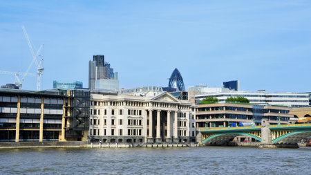 London, UK - May 6, 2011: A view of City of London with the Swiss Re Building in the background in London, UK. This building, in the heart of financial district, was designed by Norman Fosterのeditorial素材