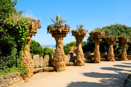 Barcelona, Spain - June 5, 2010: The famous Park Guell in Barcelona, Spain. The famous park, designed by Antoni Gaudi, was built between 1900 and 1914 and opened as a public park in 1920.のeditorial素材