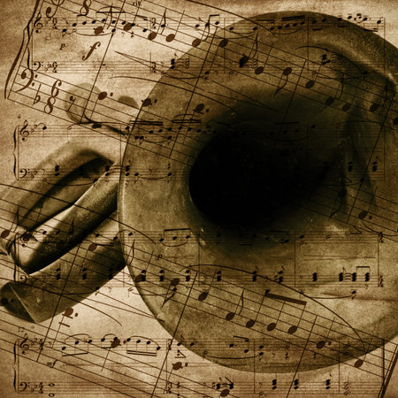 vintage-style background with an old bugle and musical score