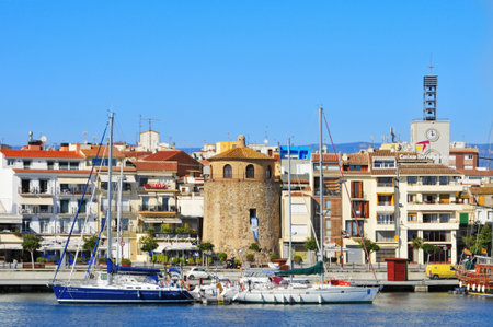 Cambrils, Spain - February 25, 2011: Panoramic view of Cambrils (Spain) coastline with its iconic tower. This defensive tower houses nowadays a museumのeditorial素材