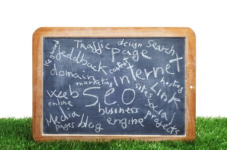 different concepts about social engine optimization and internet subjects written on a blackboardの写真素材