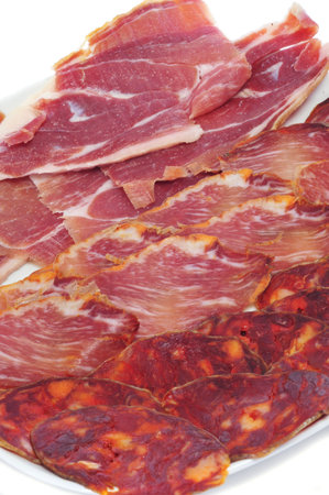 a tray with different spanish embutido, cold meat, jamon, chorizo and lomo embuchado