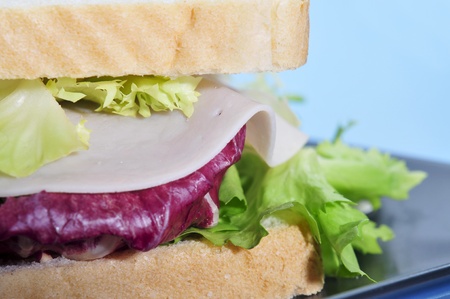 closeup of a sandwich with ham and vegetablesの写真素材