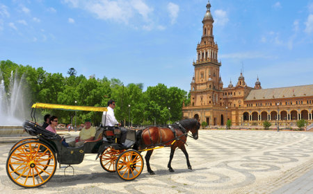 Seville, Spain - May 17, 2012: View of Plaza de Espana in Seville, Spain. Plaza de Espana complex, built in 1929, is a huge half-circle with a total area of 50,000 square metersのeditorial素材