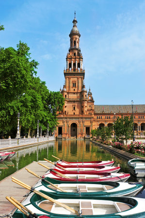 Seville, Spain - May 17, 2012: View of Plaza de Espana in Seville, Spain. Plaza de Espana complex, built in 1929, is a huge half-circle with a total area of 50,000 square metersのeditorial素材