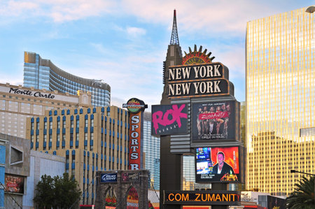 Las Vegas, US - October 11, 2011: Hotels and casinos in The Strip in Vegas, US. New York-New York Hotel & Casino has a roller coaster around the buildings and a hotel with 2,024 roomsのeditorial素材