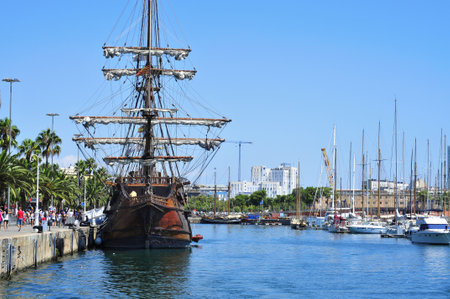 Barcelona, Spain - August 16, 2012: Galleon Andalucia in Barcelona, Spain. During 2012, this galleon is docking at different ports to commemorate the bicentennial of La Pepa Constitutionのeditorial素材