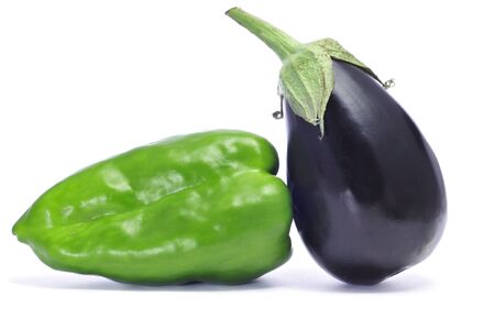 organic green pepper and eggplant on a white backgroundの写真素材