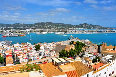 aerial view of old town and port of Ibiza Town, Balearic Islands, Spainの写真素材