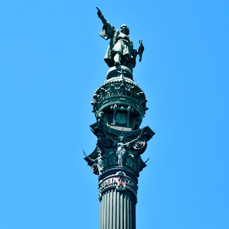 Barcelona, Spain - August 16, 2012: Detail of Columbus Monument in Barcelona, Spain. It is a 60 meters tall monument for Christopher Columbus at the lower end of La Ramblaのeditorial素材