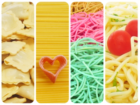 a collage of four pictures of different kind of pastaの写真素材
