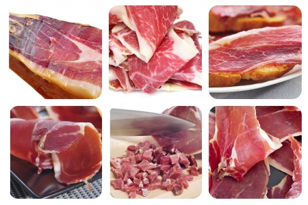 a collage of different pictures of spansih serrano hamの写真素材
