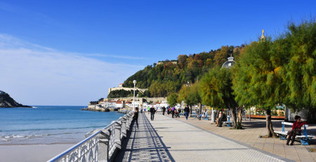 San Sebastian, Spain - November 15, 2012: La Concha Beach in San Sebastian, Spain. With an average length of 1,350 meters, it is one of the most famous urban beaches across the countryのeditorial素材