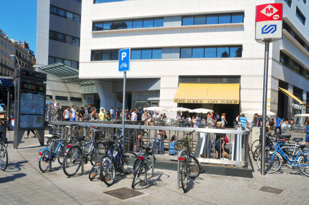 Barcelona, Spain - August 16, 2011: El Triangle mall and Cafe Zurich in Barcelona, Spain. The cafe, opened in 1862, was demolished for building the new mall and rebuilt in the same placeのeditorial素材