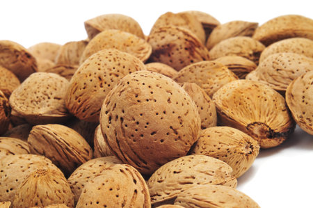 closeup of a pile of almonds in shell on a white background