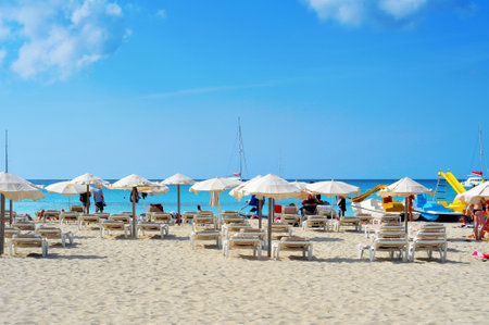 Formentera, Spain - September 19, 2012: Bathers in Ses Illetes Beach in Formentera, Balearic Islands, Spain. Formentera is renowned across Europe for many white beaches like thisのeditorial素材