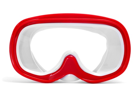 closeup of a red and white diving mask on a white backgroundの写真素材