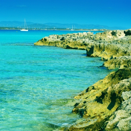 picture of Ses Illetes coast in Formentera, Balearic Islands, Spain, with a retro effectの写真素材