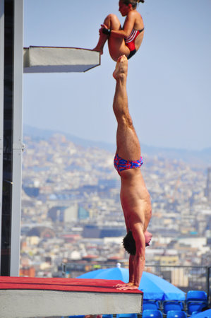 Barcelona, Spain - July 21: Diver Tom Daley training during the 2013 World Aquatics Championships in Barcelona, Spain. Daley was the 2009 FINA World Champion in the 10m platform eventのeditorial素材