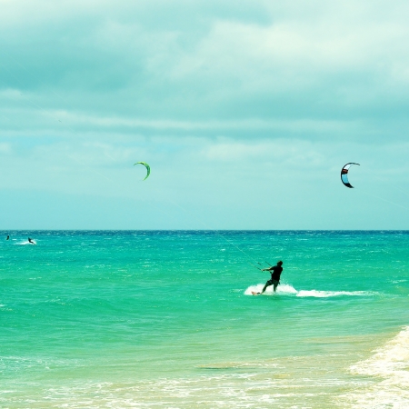 kitesurfers in Sotavento Beach in Fuerteventura, Canary Islands, Spainの写真素材