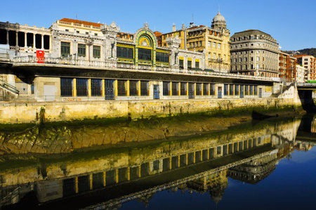 Bilbao, Spain - November 14, 2012  The estuary of Bilbao and FEVE station in Bilbao, Spain  This station, built in 1902, was restored and renovated in 2007 to accommodate modern trafficのeditorial素材