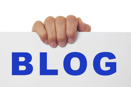 a man hand holding a signboard with the word blog written in it, on a white backgroundの写真素材