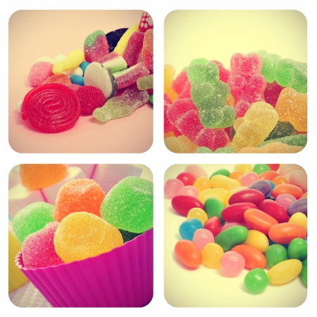 a collage of four pictures of different candies, such as jelly beans, gumdrops or gummy bears, with a retro effectの写真素材